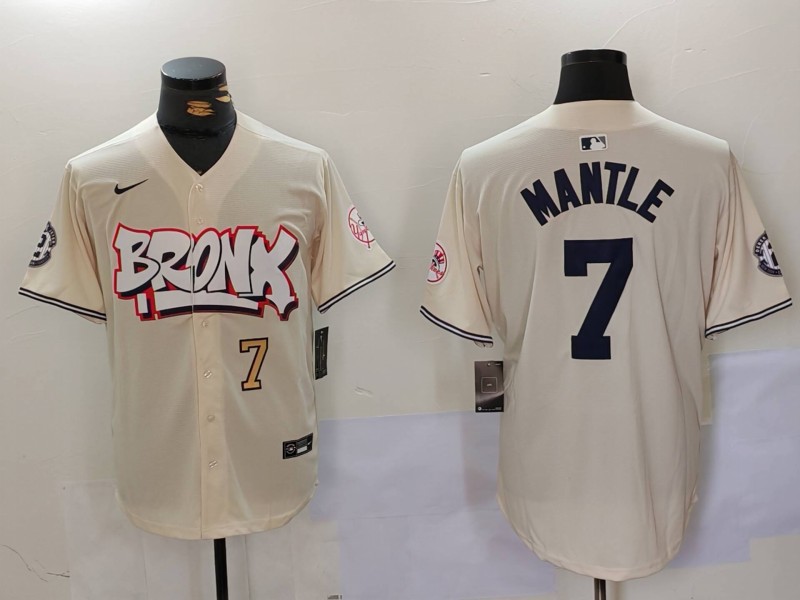 Men New York Yankees #7 Mantle Cream joint name 2024 Nike MLB Jersey style 2